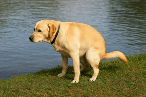 Yellow Labrador Retriever pooping near a lake on green grass