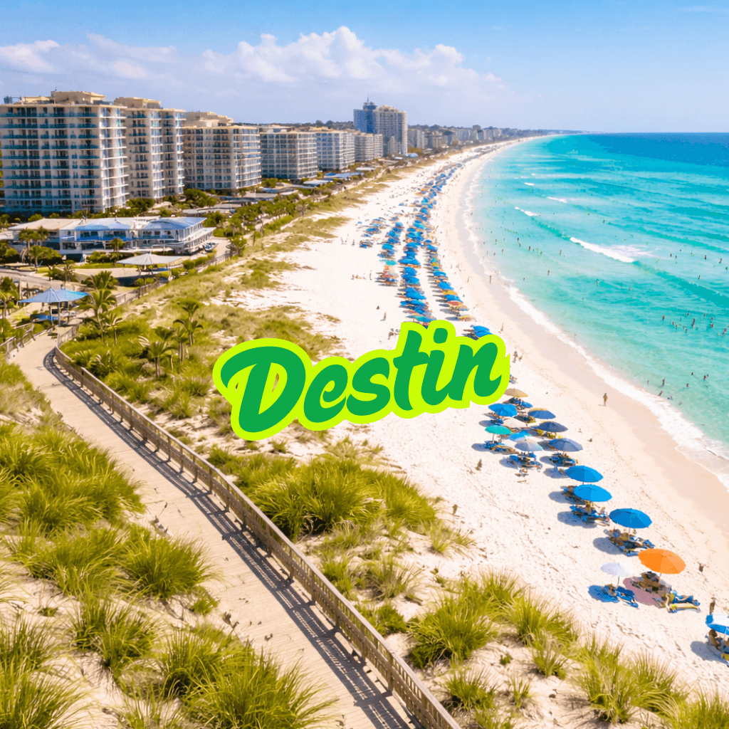 Destin Florida beach with condos and umbrellas along turquoise coastline