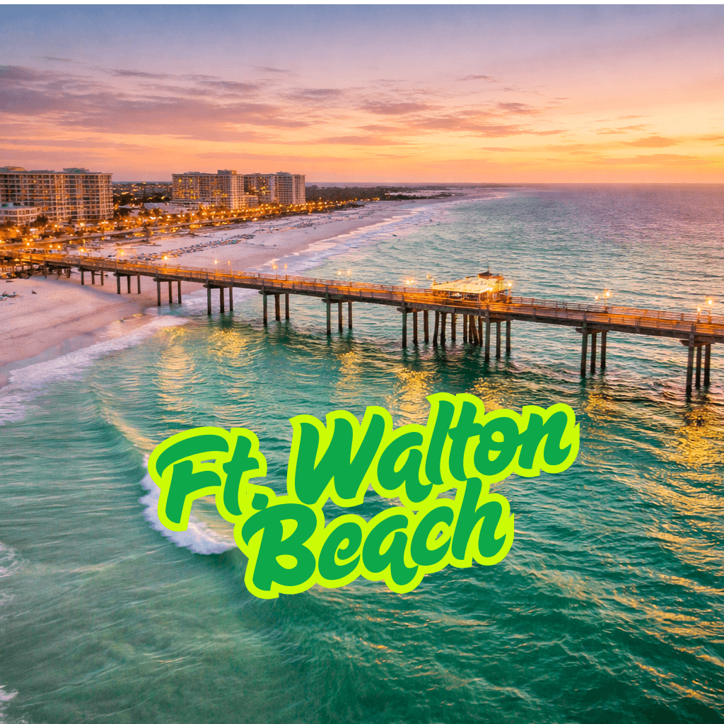 Fort Walton Beach pier at sunset with ocean and coastline view