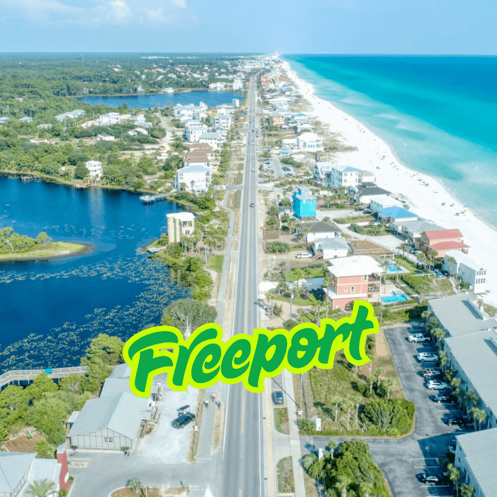 Freeport Florida coastal highway with beach and bay aerial view